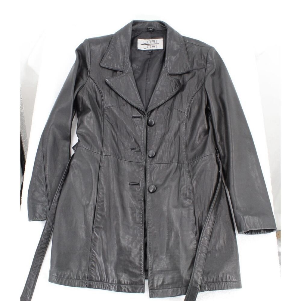 Lobi Lobi Women’s Trench Leather Jacket Tie Waist Button Closure Size L